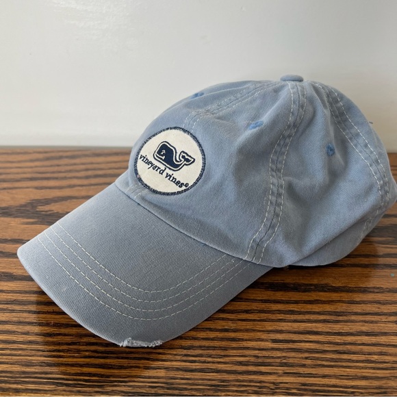 Vineyard Vines Light Blue Distressed Hat Logo Patch Preppy Baseball Cap Cotton - Picture 1 of 16